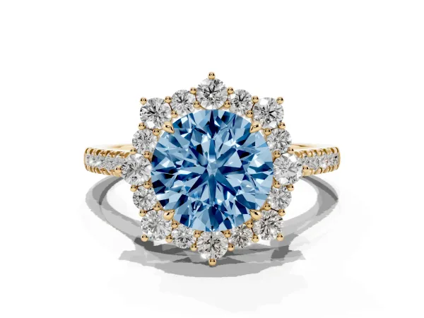 Fancy Blue Round Cut Halo Diamond Ring with Pavé Band and Prong Setting Yellow gold