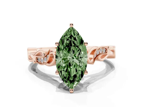 Fancy Green Marquise Cut Solitaire Vine Band with Milgrain Prong Setting Rose gold