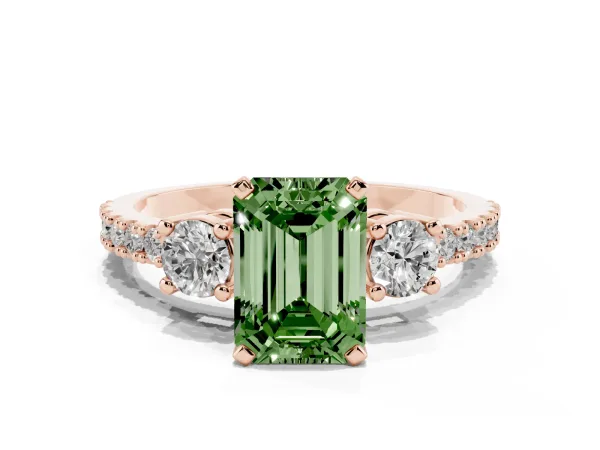 Fancy Green Emerald Cut Three-Stone Diamond Pavé Band with Prong Setting Rose gold