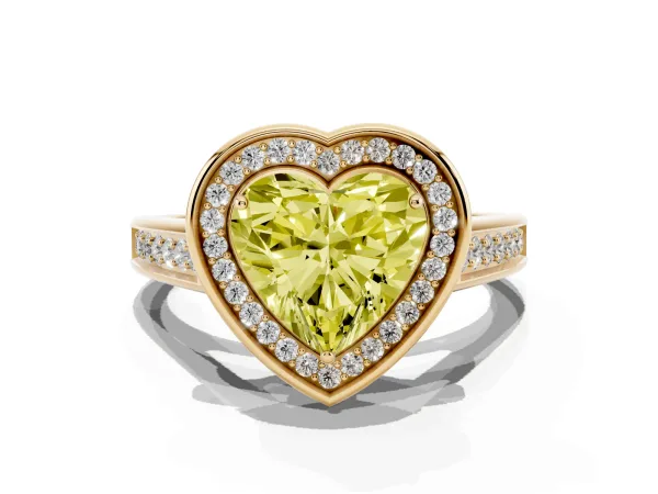 Fancy Yellow Heart Cut Halo Solitaire Diamond Ring with Pave Band and Bezel Setting Yellow gold