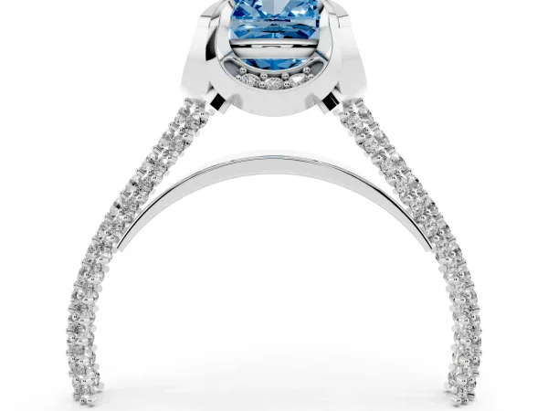 Fancy Blue Cushion Cut Solitaire Pave Split Shank Ring with Four-Prong Setting Platinum