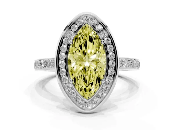Fancy Yellow Marquise Cut Diamond Halo Ring with Bezel Frame and Pavé Band White gold