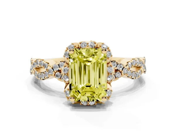Fancy Yellow Emerald Cut Halo Twist Band Solitaire Ring with Six-Prong Setting Yellow gold