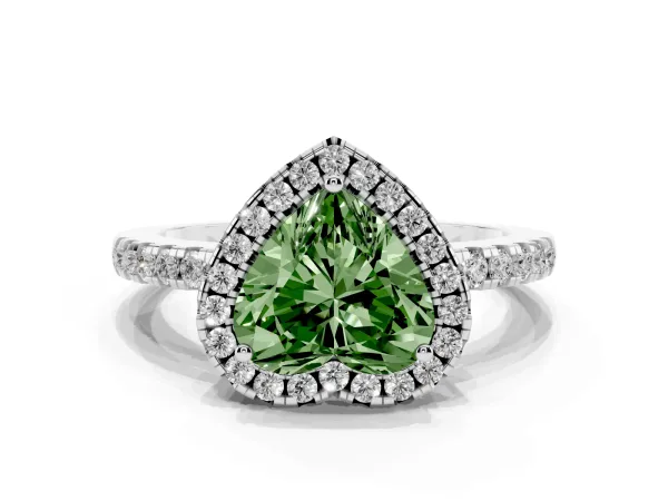 Fancy Green Heart Cut Halo Diamond Engagement Ring with Pavé Band and Four-Prong Setting Platinum