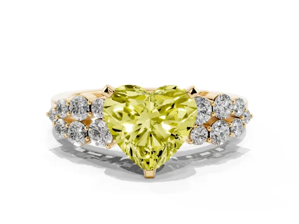Fancy Yellow Heart Cut Cluster Diamond Engagement Ring with Pavé Band and Four-Prong Setting Yellow gold
