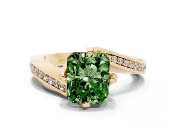 Fancy Green Radiant Cut Solitaire Diamond Twist Band with Pavé Setting and Four-Prong Setting Yellow gold