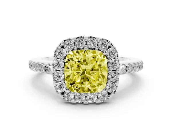 Fancy Yellow Cushion Cut Diamond Pavé Halo Ring with Four-Prong Setting Platinum