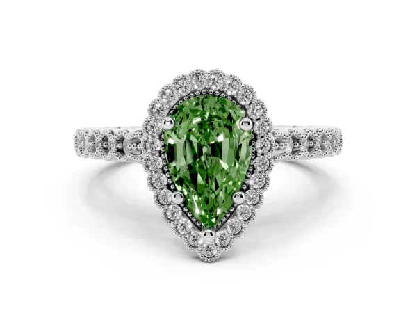 Fancy Green Pear Cut Cut Halo Pavé Solitaire Ring with Milgrain Band White gold