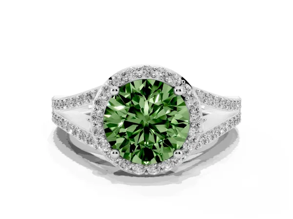 Fancy Green Round Cut Halo Split Shank Diamond Ring with Prong Setting White gold