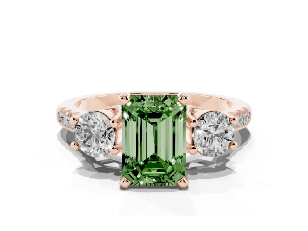 Fancy Green Three-Stone Emerald Cut Diamond Pavé Band with Four-Prong Setting Rose gold