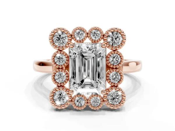 Emerald Cut Halo Diamond Cluster Engagement Ring with Milgrain Bezel Setting and Solitaire Band Rose gold