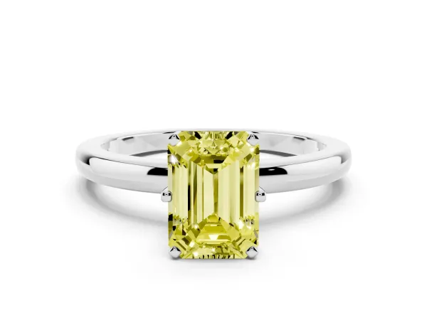 Fancy Yellow Emerald Cut Solitaire Diamond Ring with Six-Prong Setting on a Classic Band Platinum