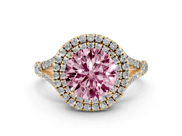 Fancy Pink Round Cut Diamond Pavé Split Shank Double Halo Engagement Ring Yellow gold