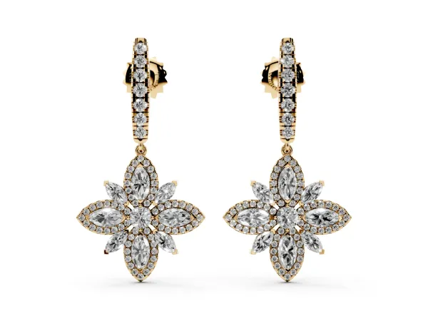 Marquise and Round Diamond Floral Huggie Drop Earrings Yellow gold