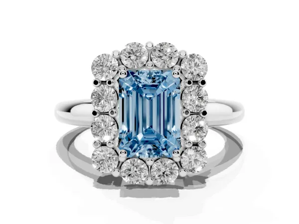 Fancy Blue Emerald Cut Halo Cluster Diamond Engagement Ring with Prong Setting and Polished Band White gold