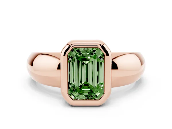 Fancy Green Bezel Set Emerald Cut Solitaire Ring with Wide Band Rose gold