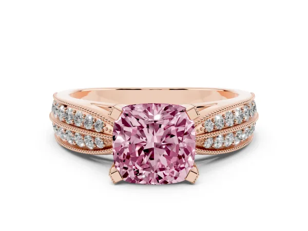 Fancy Pink Cushion Cut Diamond Solitaire Ring with Milgrain Round Pavé Band and Prong Setting Rose gold