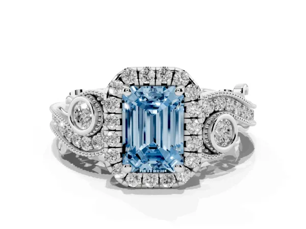 Fancy Blue Emerald Cut Diamond Halo Ring with Milgrain Pavé Band and Four-Prong Setting White gold