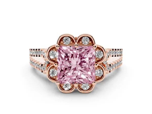 Fancy Pink Princess Cut Halo Diamond Floral Split Shank Engagement Ring Rose gold