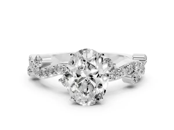 Oval Cut Cut Solitaire Diamond Twisted Band with Pave Setting White gold