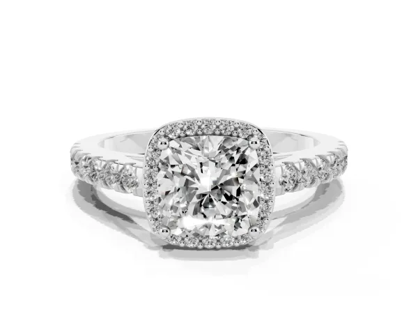 Cushion Cut Cut Halo Diamond Engagement Ring with Pave Band and Four-Prong Setting Platinum