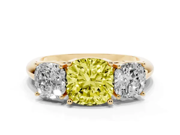 Fancy Yellow Three-Stone Cushion Cut Cut Diamond Engagement Ring with Prong Setting on a White Gold Band Yellow gold