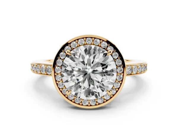 Round Cut Halo Pave Band Solitaire Ring with Prong Setting Yellow gold