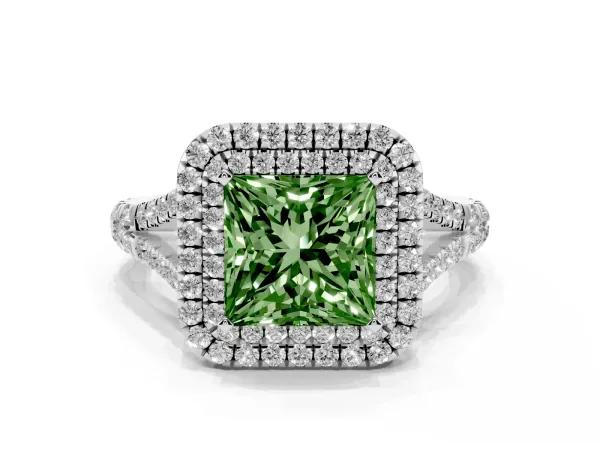 Fancy Green Princess Cut Cut Double Halo Split Shank Diamond Ring with Prong Setting Platinum