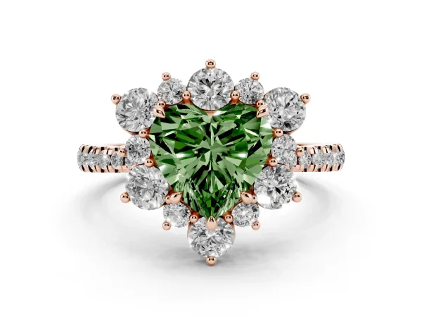 Fancy Green Heart Cut Diamond Floral Halo Ring with Round Pavé Band and Prong Setting Rose gold