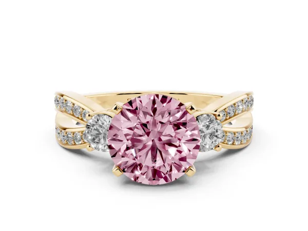 Fancy Pink Three-Stone Round Cut Cut Diamond Twist Band with Prong Setting Yellow gold