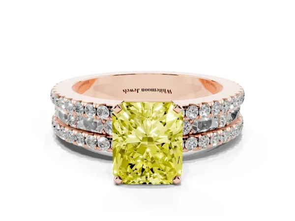 Fancy Yellow Radiant Cut Diamond Solitaire Ring with Pavé and Channel Set Band Rose gold