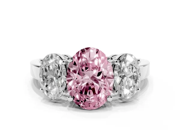 Fancy Pink Three-Stone Oval Cut Cut Diamond Engagement Ring with Flat Band and Four-Prong Setting White gold