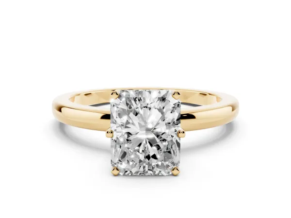 Radiant Cut Solitaire Diamond Ring with Six-Prong Setting on a Classic Band Yellow gold