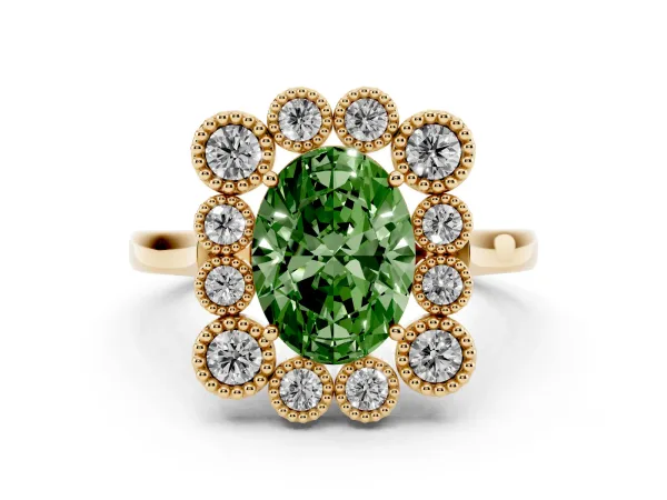 Fancy Green Oval Cut Halo Diamond Cluster Engagement Ring with Milgrain Bezel Setting and Solitaire Band Yellow gold
