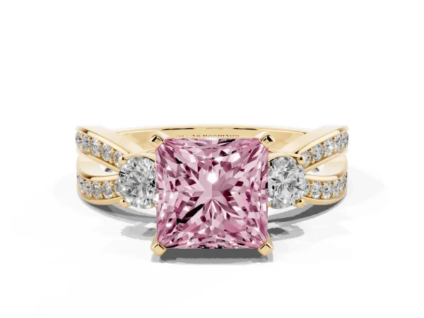 Fancy Pink Three-Stone Princess Cut Cut Diamond Twist Band with Prong Setting Yellow gold