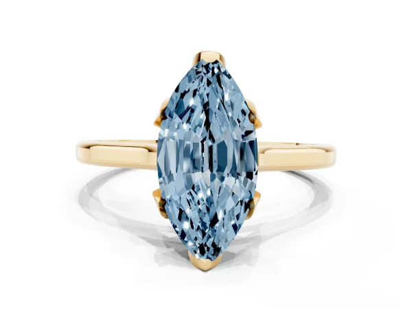 Fancy Blue Marquise Cut Diamond Solitaire Ring with Flower Prong Setting and Classic Band Yellow gold