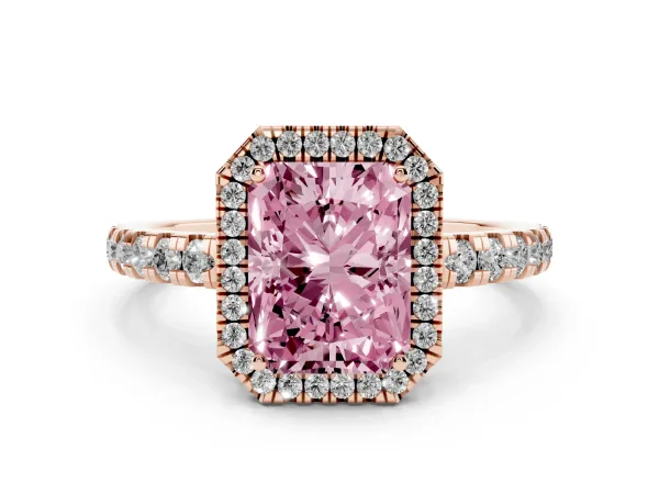 Fancy Pink Radiant Cut Diamond Halo Ring with Pavé Band and Four-Prong Setting Rose gold