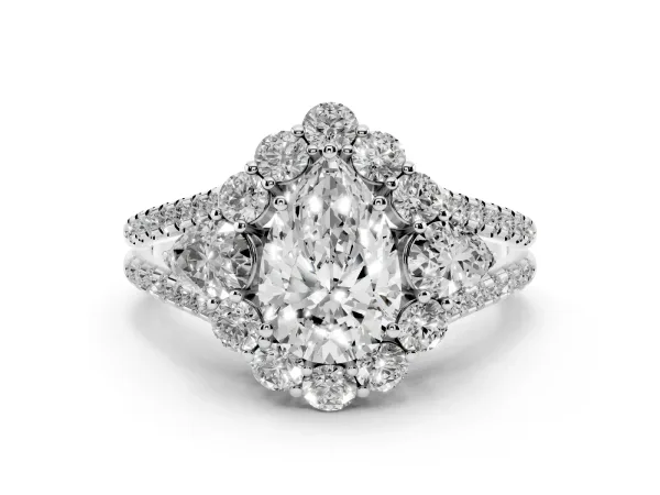 Pear Cut Halo Split Shank Diamond Engagement Ring with Prong Setting White gold