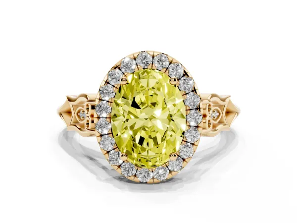 Fancy Yellow Oval Cut Halo Diamond Engagement Ring with Filigree Band and Four-Prong Setting Yellow gold