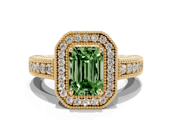 Fancy Green Emerald Cut Cut Halo Diamond Ring with Pavé Band and Four-Prong Setting Yellow gold