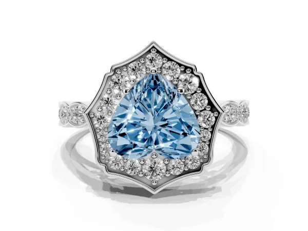 Fancy Blue Heart Cut Halo Diamond Engagement Ring with Milgrain Band and Four-Prong Setting Platinum
