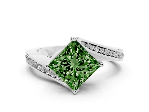 Fancy Green Princess Cut Solitaire Diamond Twist Band with Pavé Setting and Four-Prong Setting Platinum