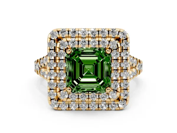 Fancy Green Double Halo Asscher Cut Diamond Pavé Split Shank Ring with Prong Setting Yellow gold