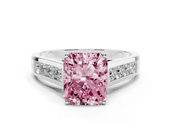 Fancy Pink Radiant Cut Solitaire Channel-Set Diamond Engagement Ring with Four-Prong Setting Platinum
