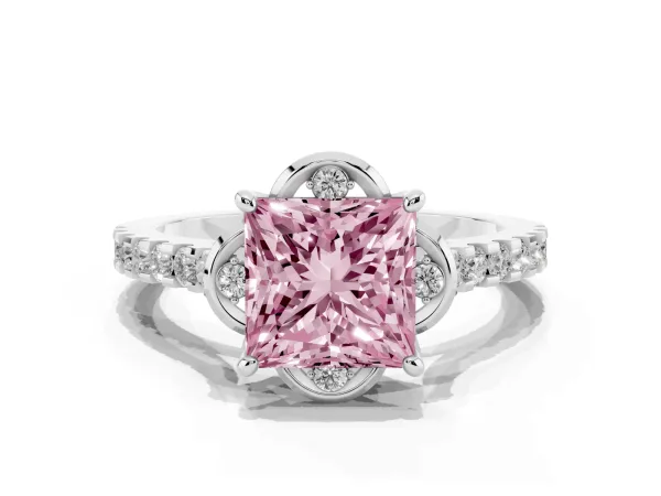 Fancy Pink Princess Cut Diamond Ring with Pavé Band and Floral Prong Setting Platinum