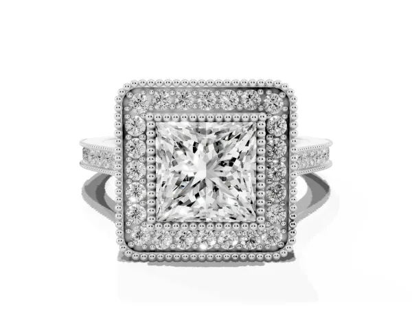 Princess Cut Diamond Halo Ring with Milgrain Frame and Pavé Band White gold