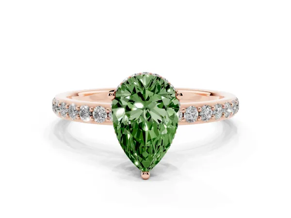 Fancy Green Pear Cut Diamond Solitaire Ring with Pavé Band and Hidden Halo Rose gold