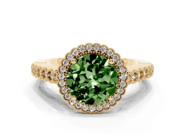 Fancy Green Round Cut Cut Halo Pavé Solitaire Ring with Milgrain Band Yellow gold