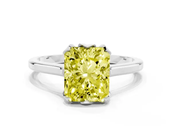Fancy Yellow Radiant Cut Diamond Solitaire Ring with Flower Prong Setting and Classic Band Platinum
