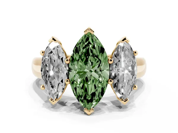 Fancy Green Marquise Cut Three-Stone Diamond Ring with Prong Setting on a Classic Band Yellow gold